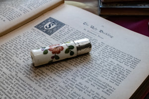 Antique Hallmarked Sterling Silver & Hand-Painted Porcelain Perfume Bottle, Botanical Floral, Birmingham c.1890-1910