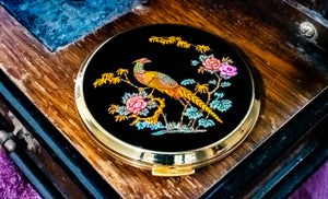 Stratton Round Black Enamel Pheasant & Rose Powder Compact, New, Made in England, Original Box