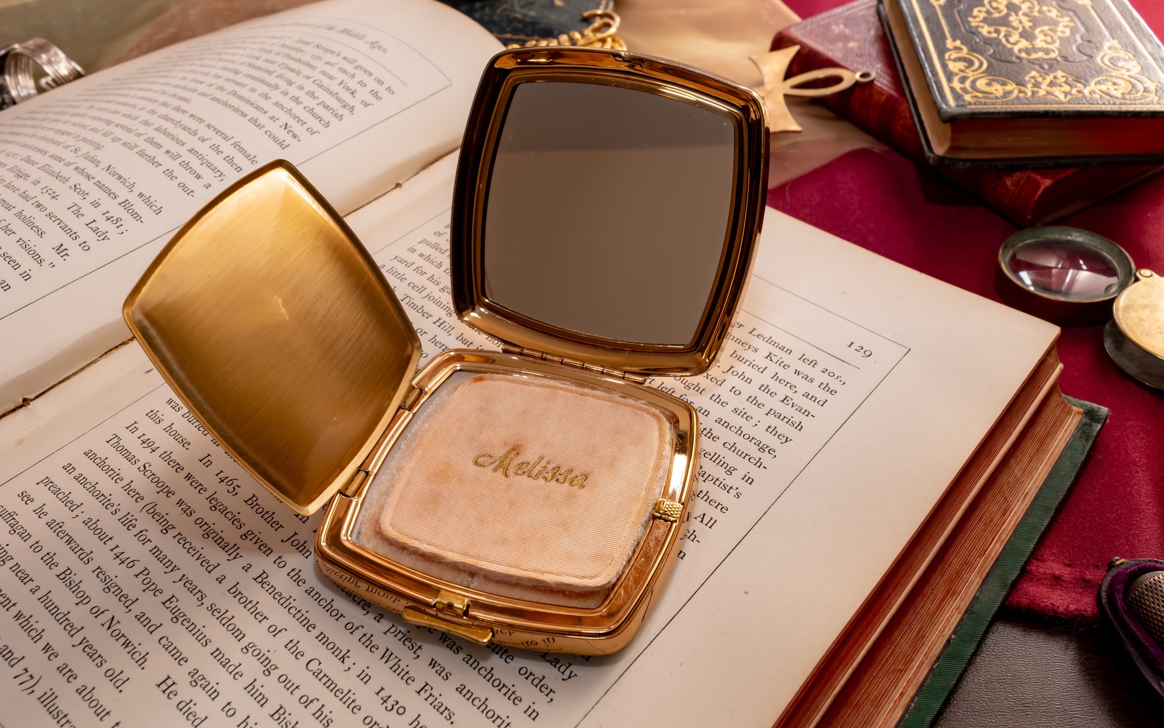 Melissa Square Gold Powder Compact, English Enamel Vanity Compact, New