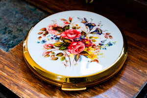Stratton Round White Enamel Floral Powder Compact, New, Made in England, Original Box