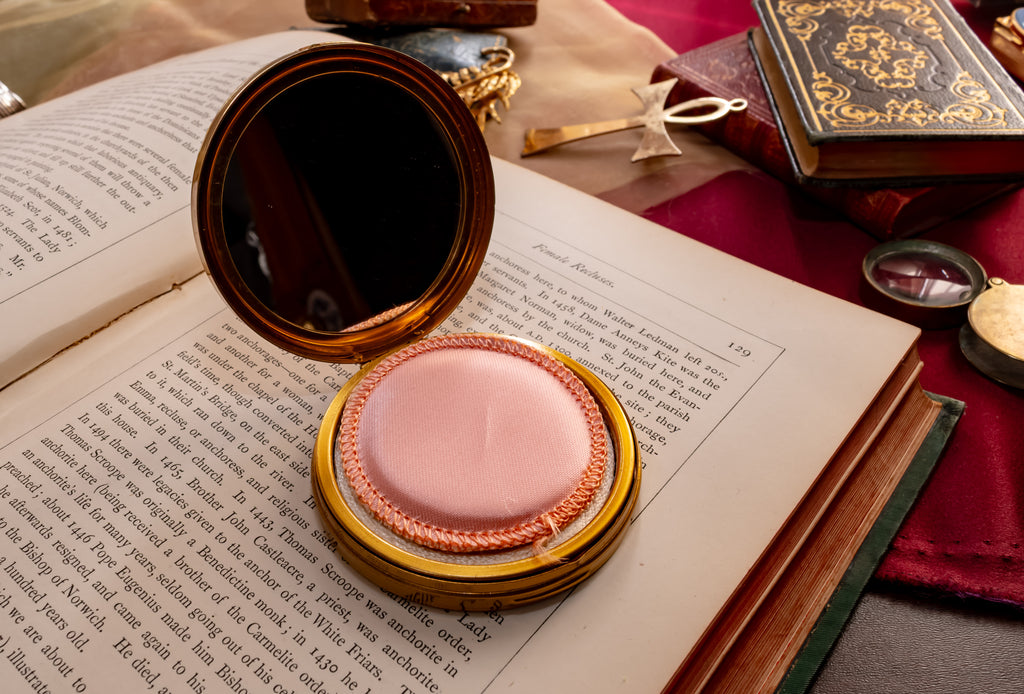 Margaret Rose Gold Cameo Powder Compact, English Enamel Vanity Compact, New