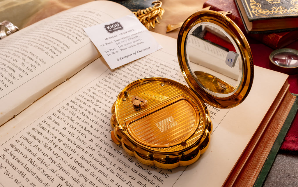 Gold Kigu Musical Powder Compact, English Enamel Vanity Compact, New