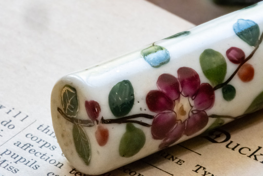 Antique Hallmarked Sterling Silver & Hand-Painted Porcelain Perfume Bottle, Botanical Floral, Birmingham c.1890-1910