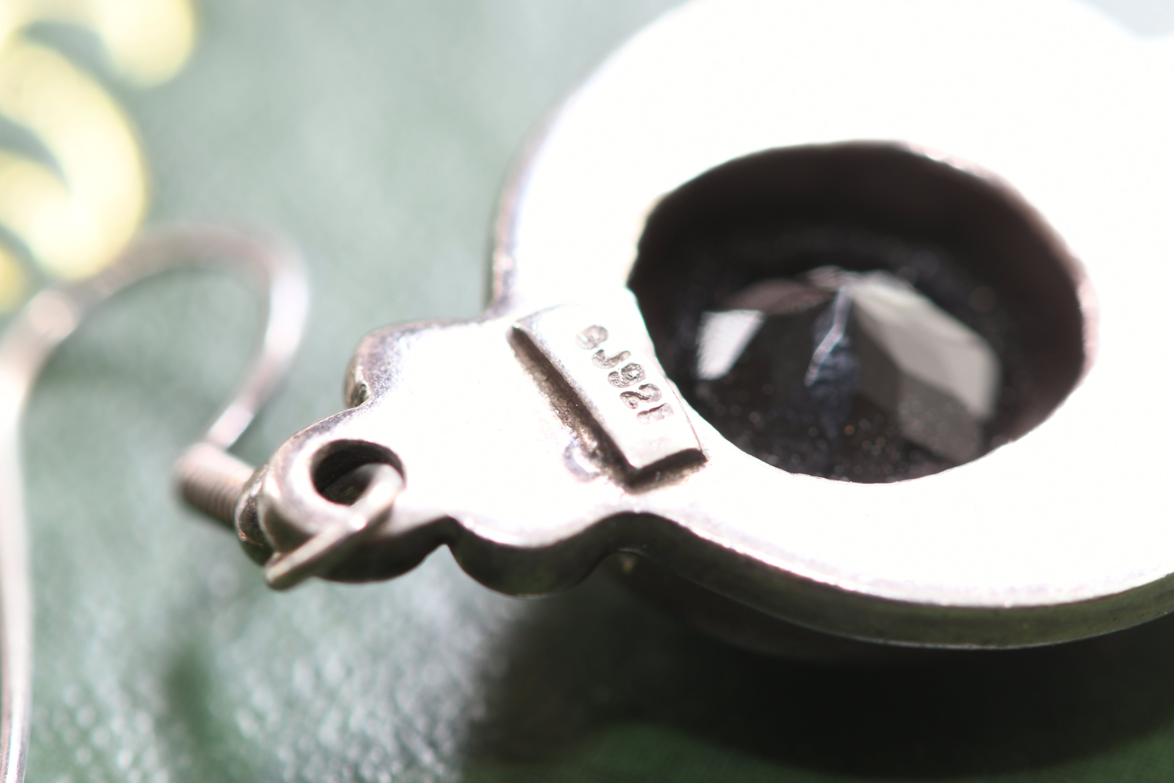 Vintage 925 Sterling Silver Faceted Black Onyx Dangle Drop Earrings, Scrollwork Detail, Excellent