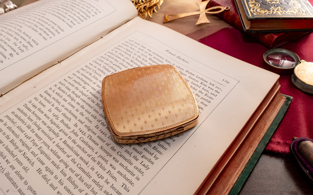 Melissa Square Gold Powder Compact, English Enamel Vanity Compact, New