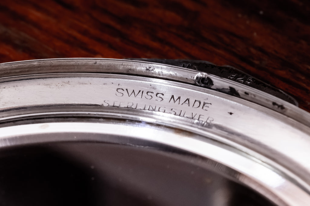 Antique Sterling Silver Swiss Made Floral Engraved Powder Compact, Maker's Mark MX