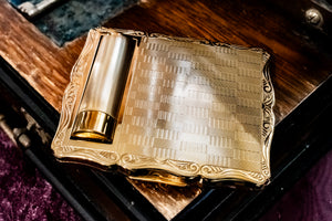 Stratton Carry-All Square Gold-Tone Powder Compact with Lipstick Holder, New, Made in England, Original Box