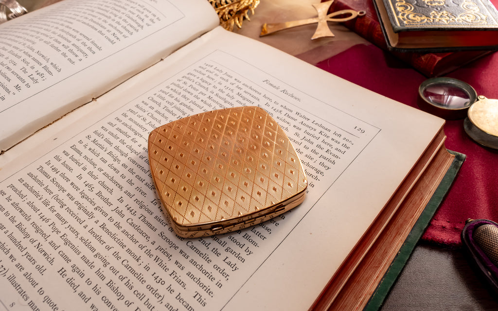 Melissa Square Gold Powder Compact, English Enamel Vanity Compact, New