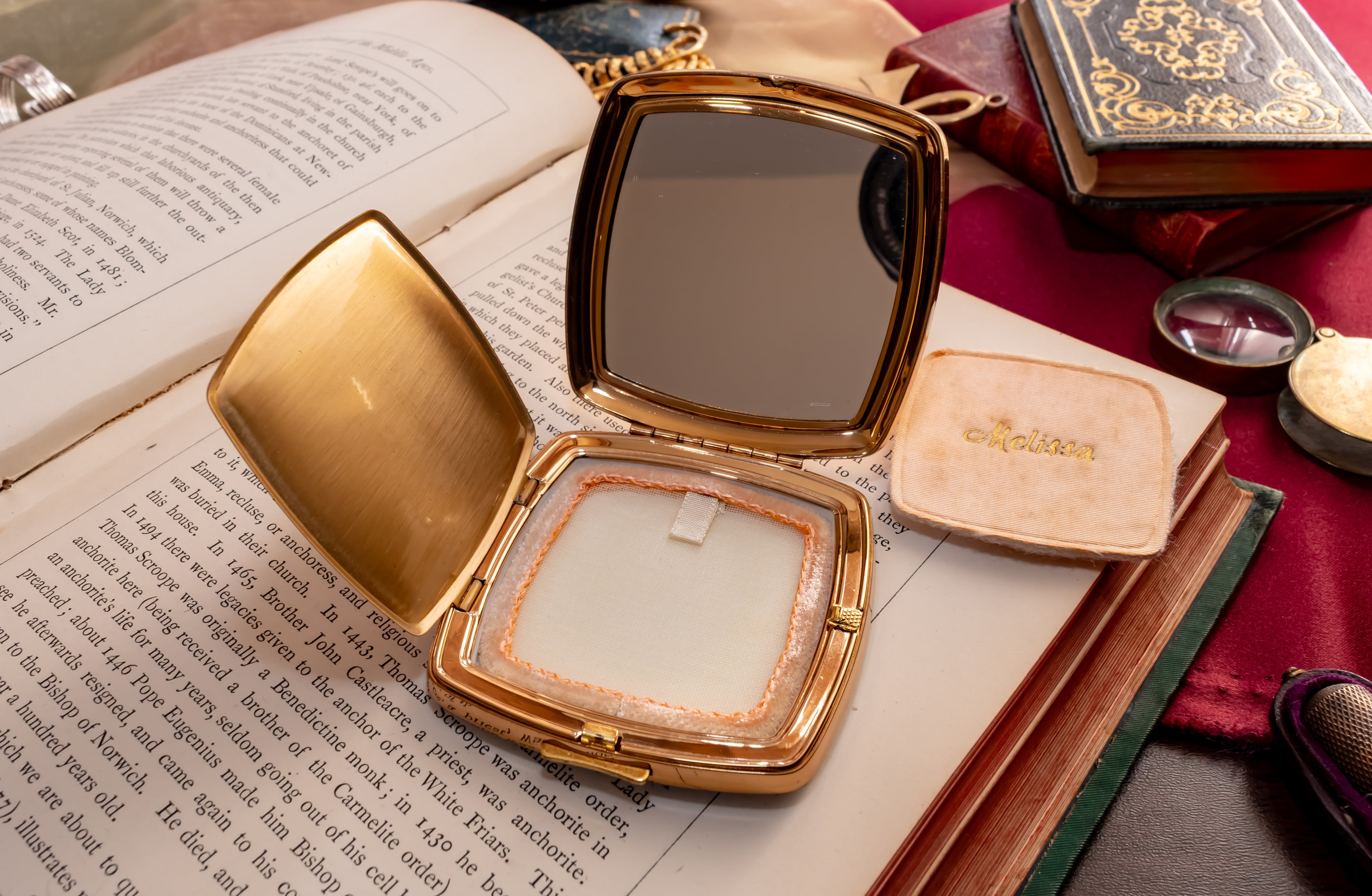Melissa Square Gold Powder Compact, English Enamel Vanity Compact, New