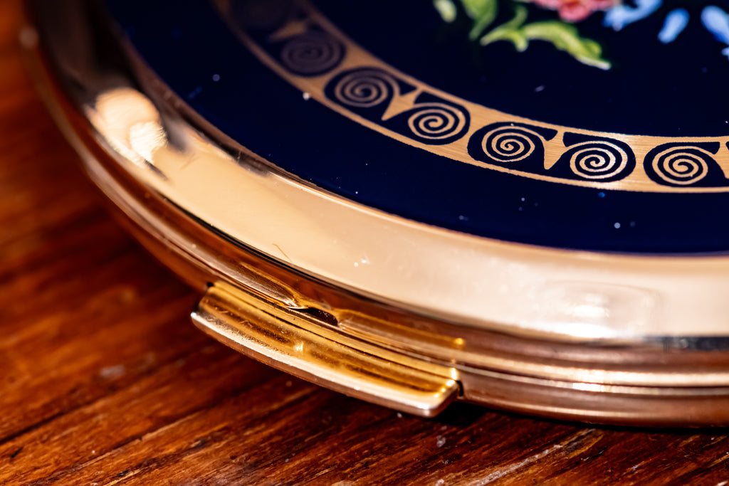 Stratton Round Black Enamel Floral Powder Compact, New, Made in England, Original Box