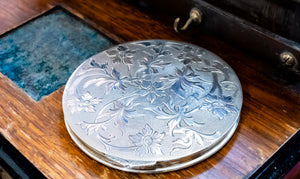 Antique Sterling Silver Swiss Made Floral Engraved Powder Compact, Maker's Mark MX