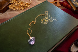 Vintage Gold Vermeil 925 Italy Lavender Glass Heart Pendant Necklace, Rivoli Cut, 7 Inches, Excellent