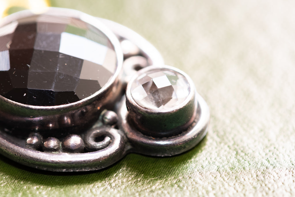 Vintage 925 Sterling Silver Faceted Black Onyx Dangle Drop Earrings, Scrollwork Detail, Excellent