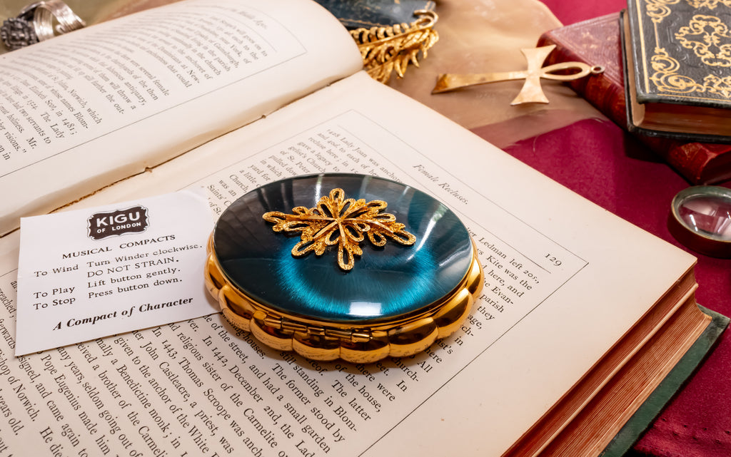 Green Blue Kigu Musical Powder Compact, English Enamel Vanity Compact, New