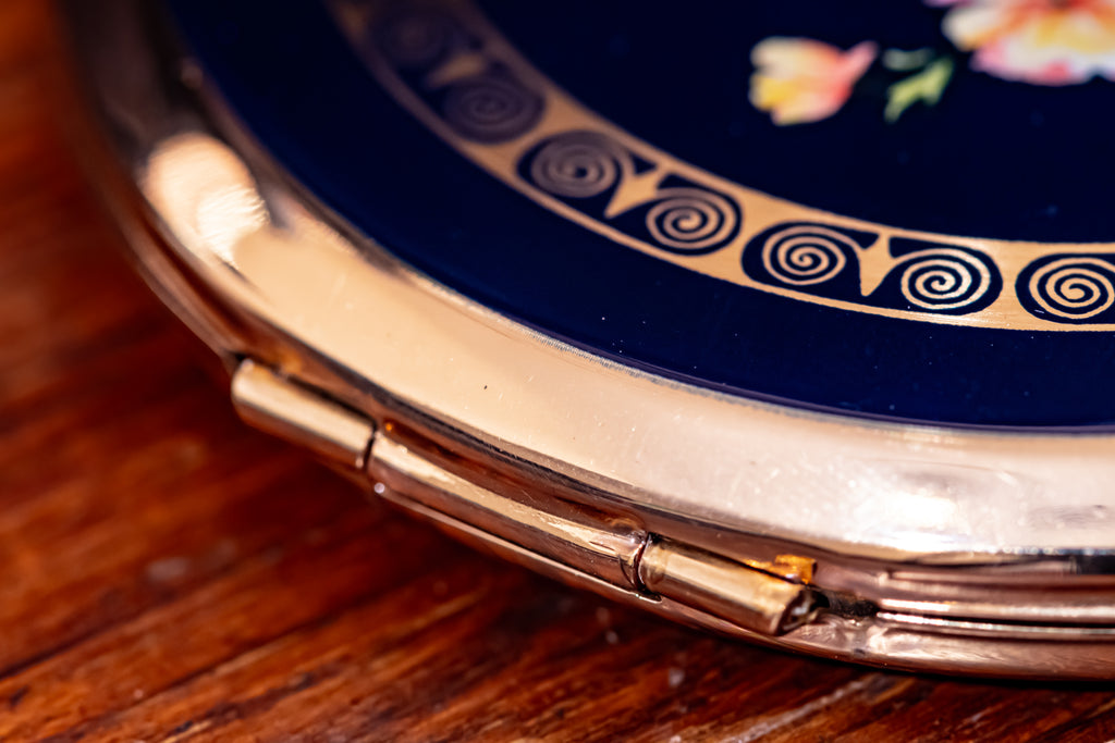 Stratton Round Black Enamel Floral Powder Compact, New, Made in England, Original Box