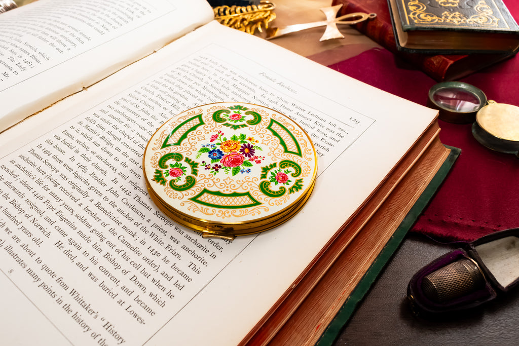 Vintage Mascot Powder Compact, Cream Enamel, Green Scrollwork, Hand-Painted Floral Bouquet, New, Original Case & Accessories, Minor Age Spotting