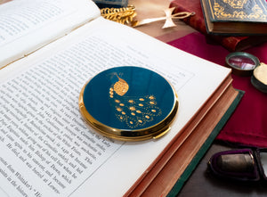 Vintage Stratton Peacock Powder Compact, Teal Enamel, Raised Gold, New, Original Packaging, All Accessories