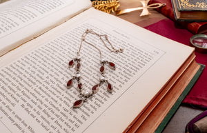 Vintage 925 Sterling Silver Red Garnet & Pearl Linked Necklace, Marquise Settings, Excellent