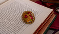Vintage Gold-Tone Brooch, Reverse-Printed Lucite Floral Cabochon, Butterscotch Amber, Mid-Century Victorian Revival, Good Vintage Condition