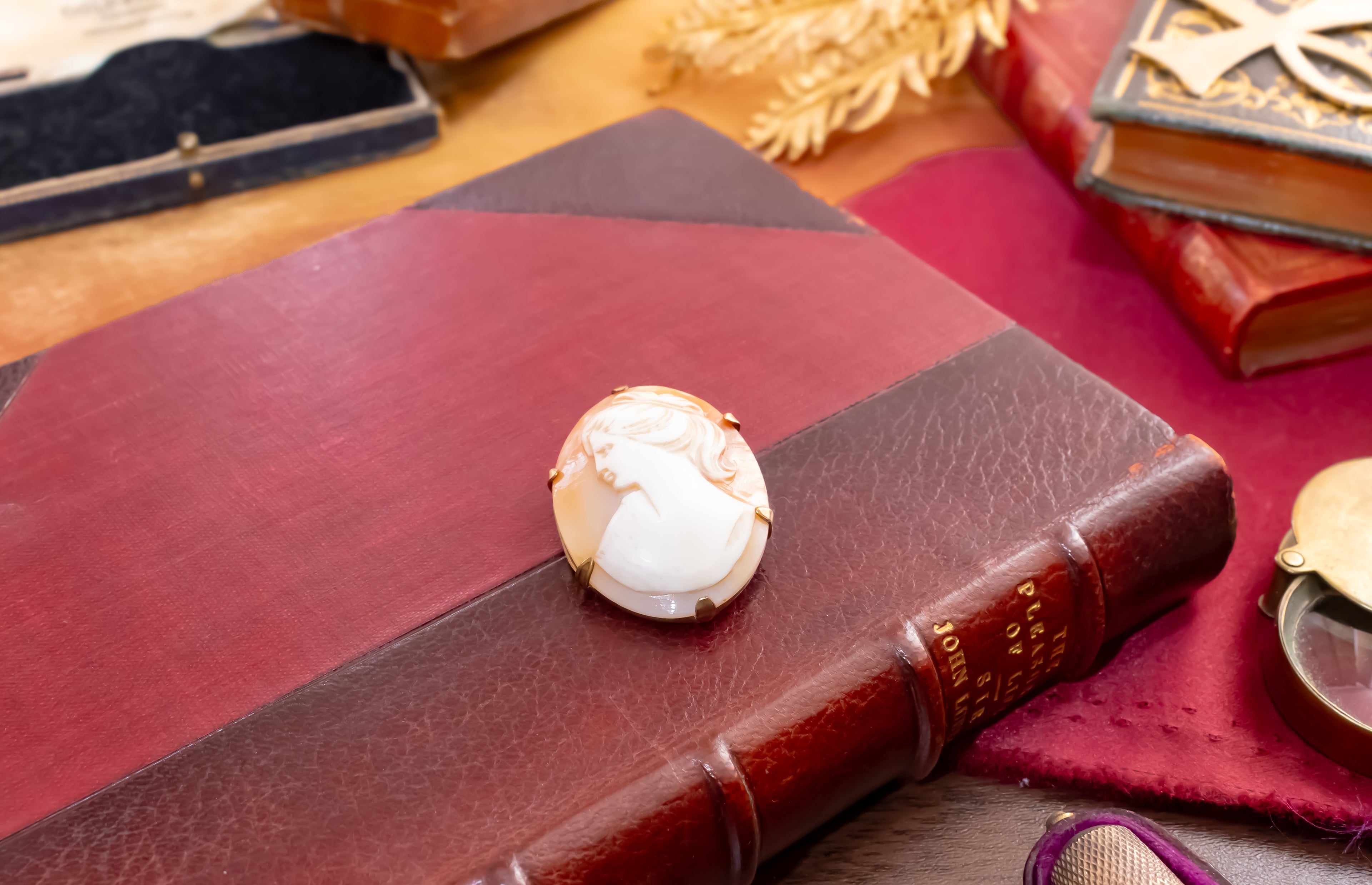 A carved oval shell pendant with a classical bust design, set in a gold-toned bezel, displayed on a dark red leather-bound book surrounded by vintage books and accessories.