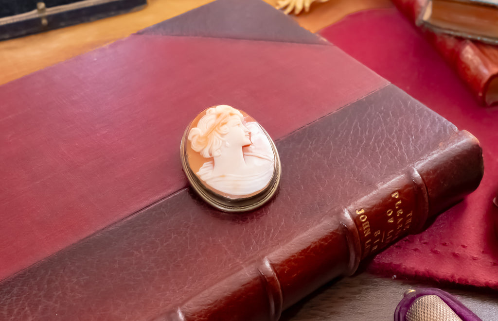 A vintage-style carved shell cameo pendant with a classical profile portrait, set in a gold-toned bezel, resting on a dark red leather-bound book.