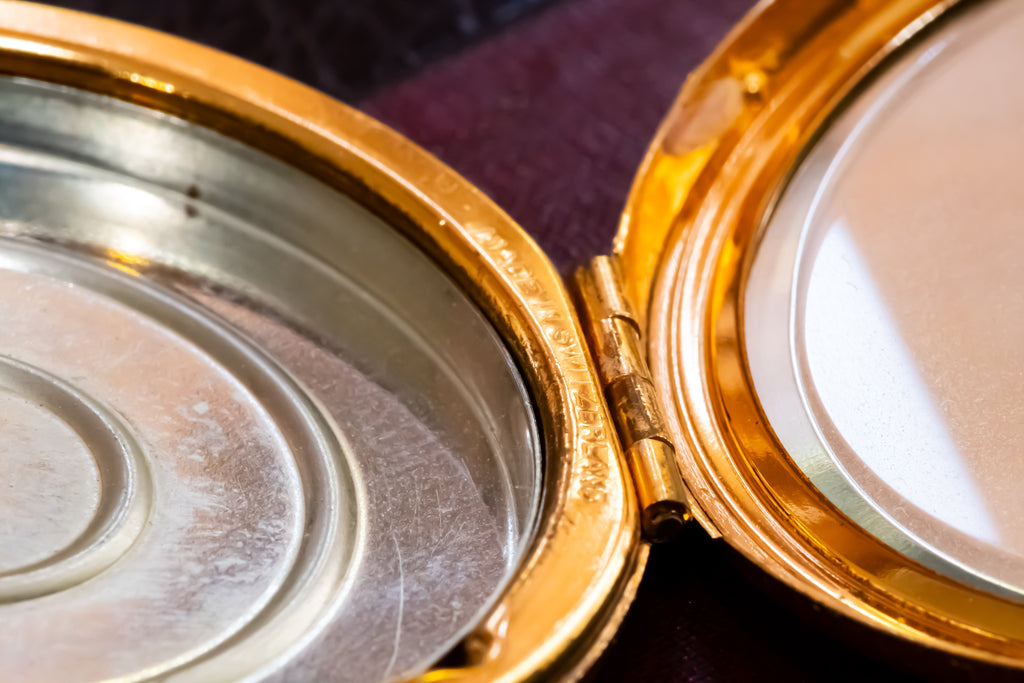 Vintage Elizabeth Arden Swiss Made Powder Compact, Gold Embossed Floral, Garnet Cabochons, Slip Included, Excellent