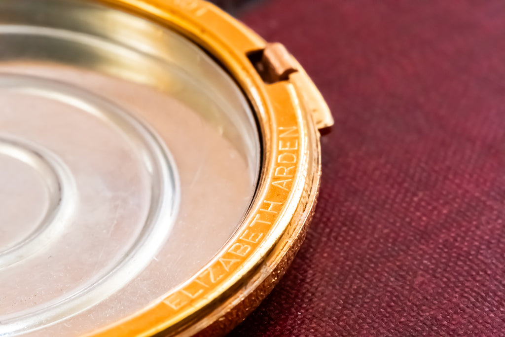Vintage Elizabeth Arden Swiss Made Powder Compact, Gold Embossed Floral, Garnet Cabochons, Slip Included, Excellent