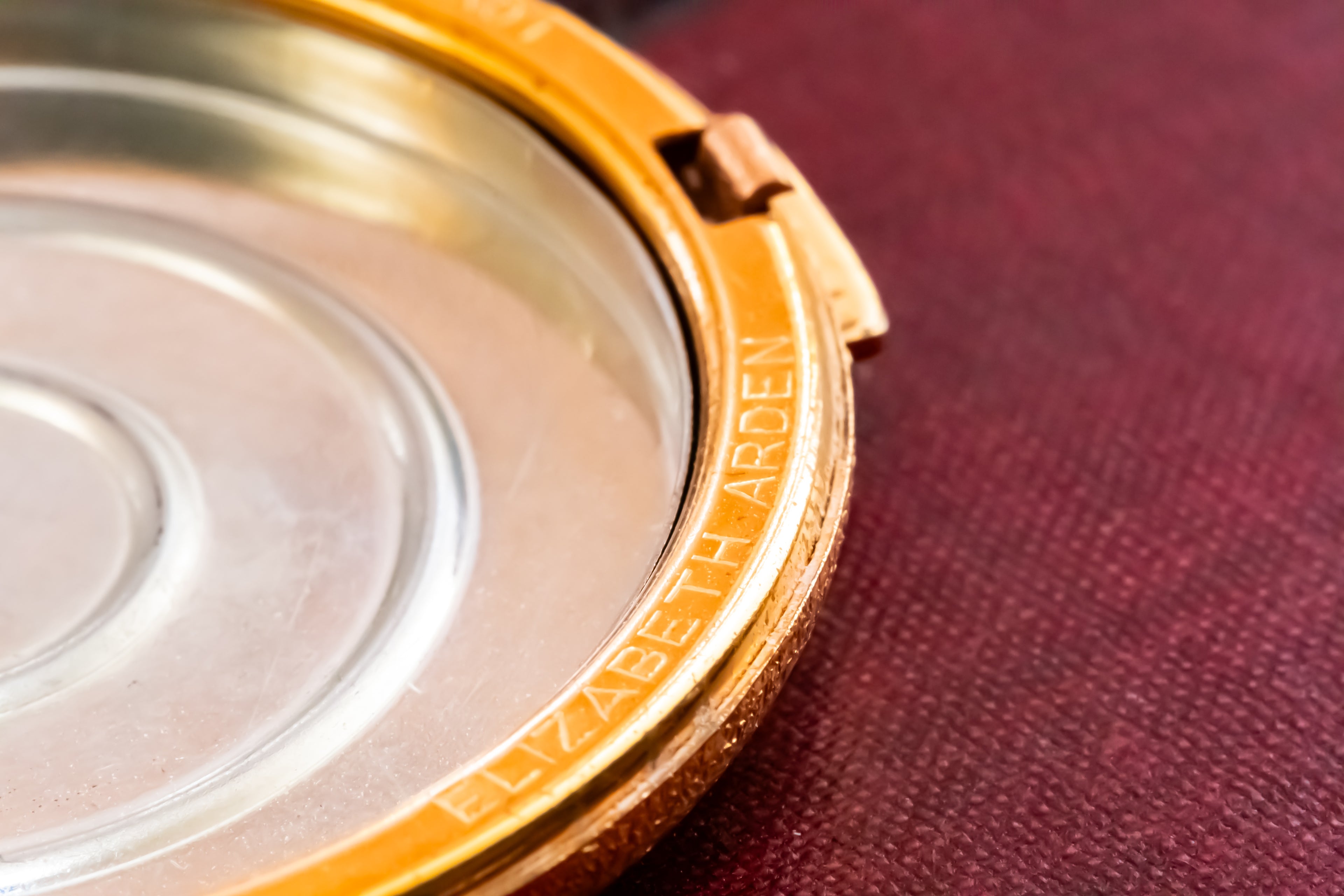 Vintage Elizabeth Arden Swiss Made Powder Compact, Gold Embossed Floral, Garnet Cabochons, Slip Included, Excellent
