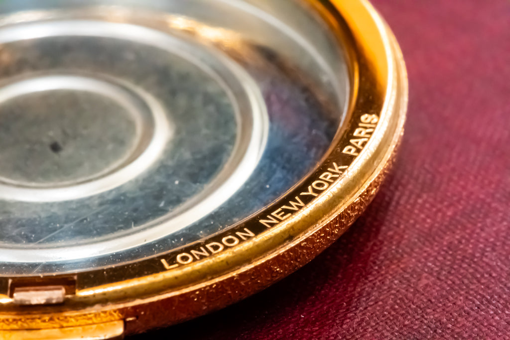 Vintage Elizabeth Arden Swiss Made Powder Compact, Gold Embossed Floral, Garnet Cabochons, Slip Included, Excellent