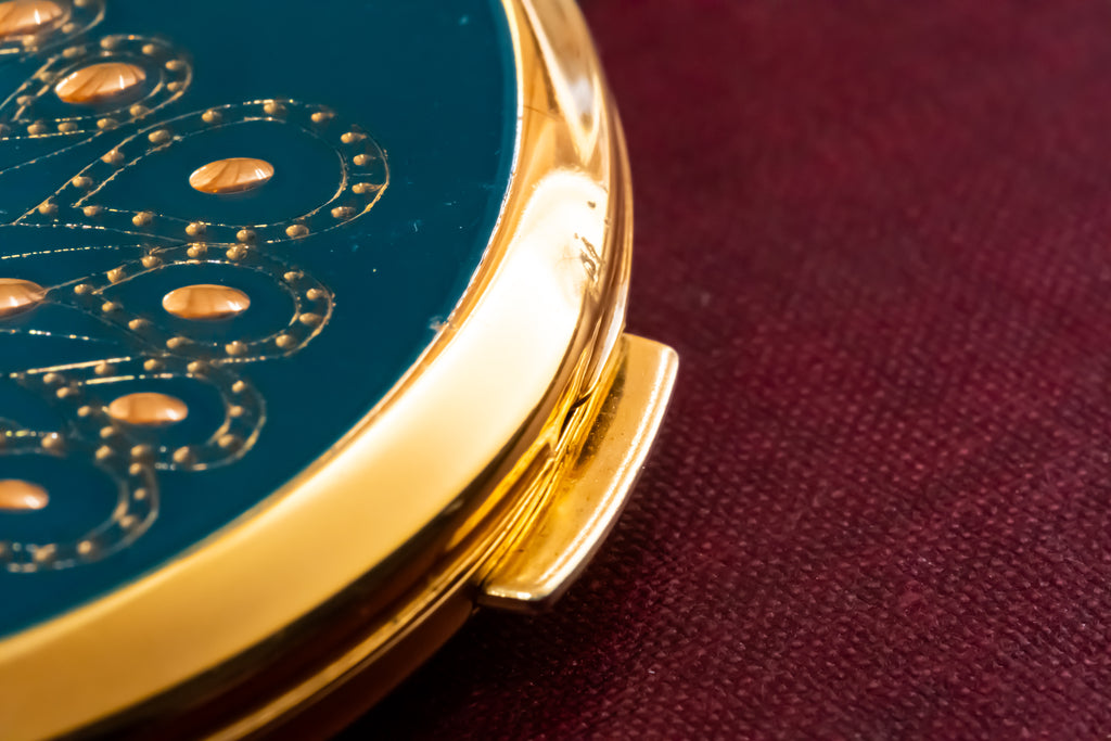 Vintage Stratton Peacock Powder Compact, Teal Enamel, Raised Gold, New, Original Packaging, All Accessories