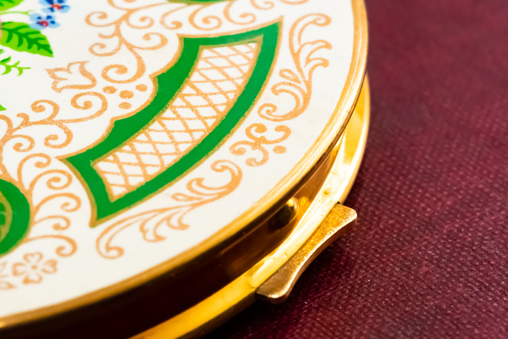 Vintage Mascot Powder Compact, Cream Enamel, Green Scrollwork, Hand-Painted Floral Bouquet, New, Original Case & Accessories, Minor Age Spotting