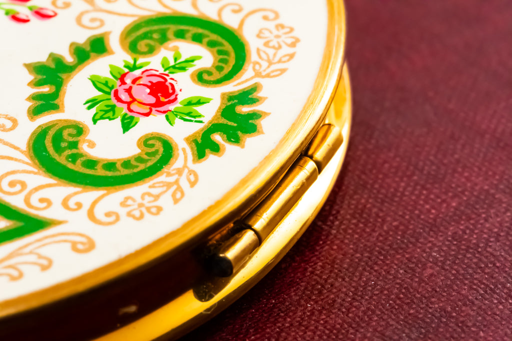 Vintage Mascot Powder Compact, Cream Enamel, Green Scrollwork, Hand-Painted Floral Bouquet, New, Original Case & Accessories, Minor Age Spotting