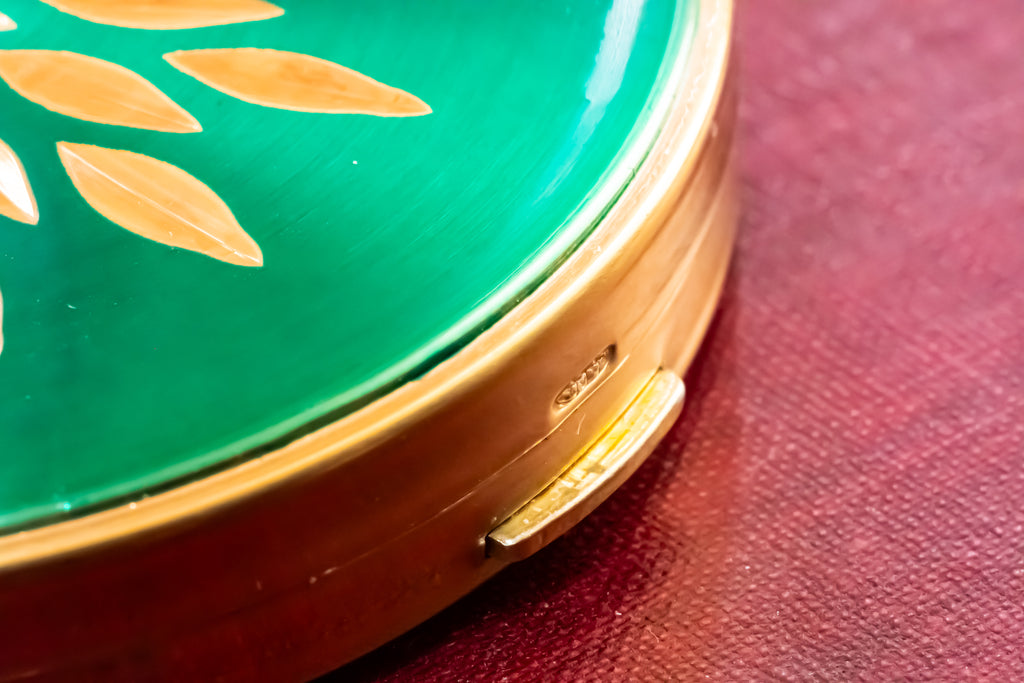 Vintage Margaret Rose Powder Compact, Emerald Green Enamel, Gold Sunburst, New, Sifter & Puff Included