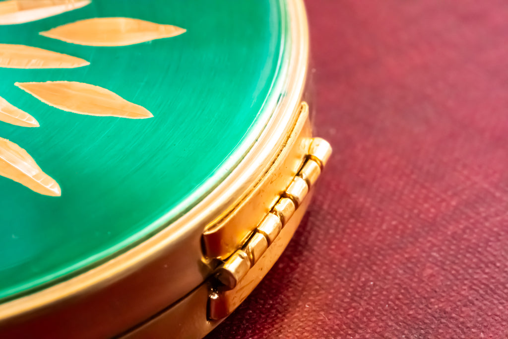 Vintage Margaret Rose Powder Compact, Emerald Green Enamel, Gold Sunburst, New, Sifter & Puff Included