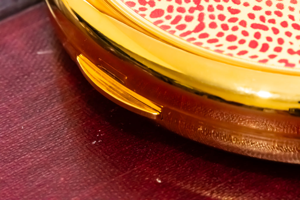 Coty L'Aimant 75th Anniversary Limited Edition Gold-Plated Powder Compact, Red & Yellow Enamel Dot Lid, Brand New in Original Box, 2002