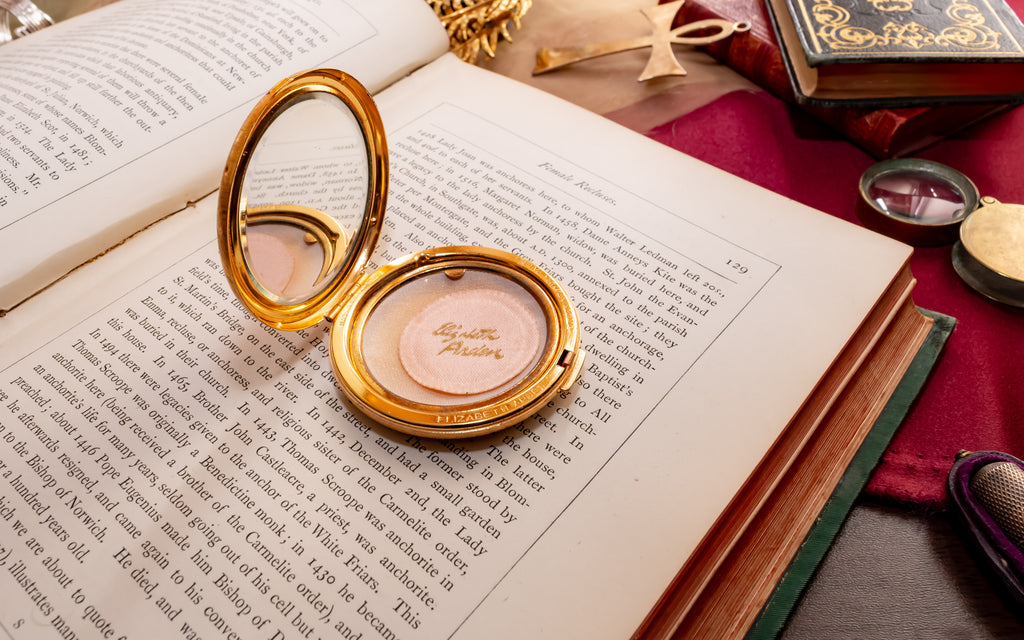 Elisabeth Arden Gold Powder Compact, Vintage Swiss Enamel Vanity Compact