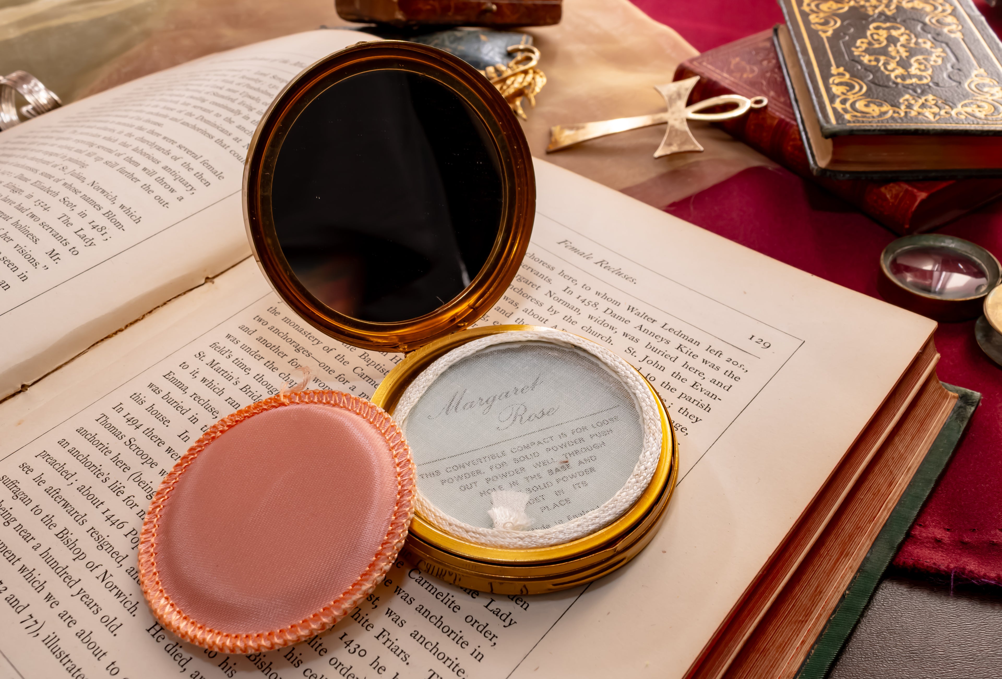 Margaret Rose Gold Cameo Powder Compact, English Enamel Vanity Compact, New