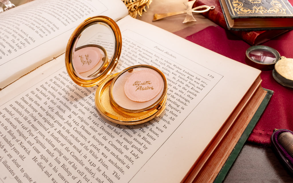 Elisabeth Arden Gold Powder Compact, Vintage Swiss Enamel Vanity Compact