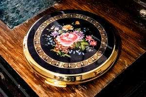 Stratton Round Black Enamel Floral Powder Compact, New, Made in England, Original Box