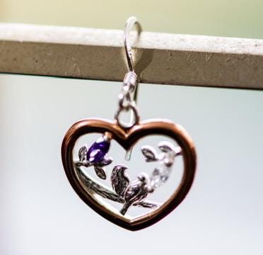 Two-Tone Rose Gold & Sterling Silver Bird Heart Drop Earrings Purple. Purple amethyst accents.