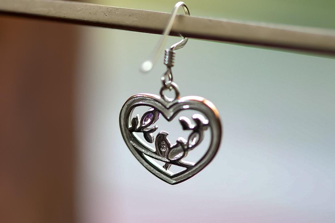 Two-Tone Rose Gold & Sterling Silver Bird Heart Drop Earrings Purple. Purple amethyst accents.