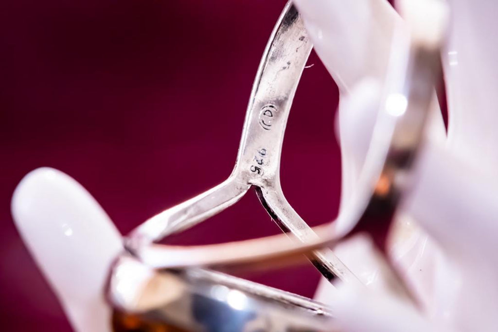 925 Sterling Silver Oval Cognac Amber Statement Ring. Large Bezel Set Split Shank.