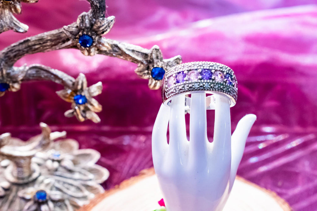 Vintage 925 Sterling Silver Pink & Purple Sapphire Band Ring. Wide Art Deco Statement Ring.