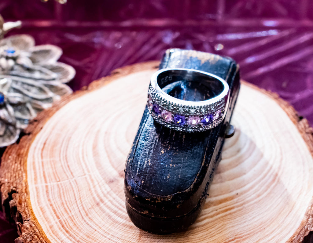 Vintage 925 Sterling Silver Pink & Purple Sapphire Band Ring. Wide Art Deco Statement Ring.
