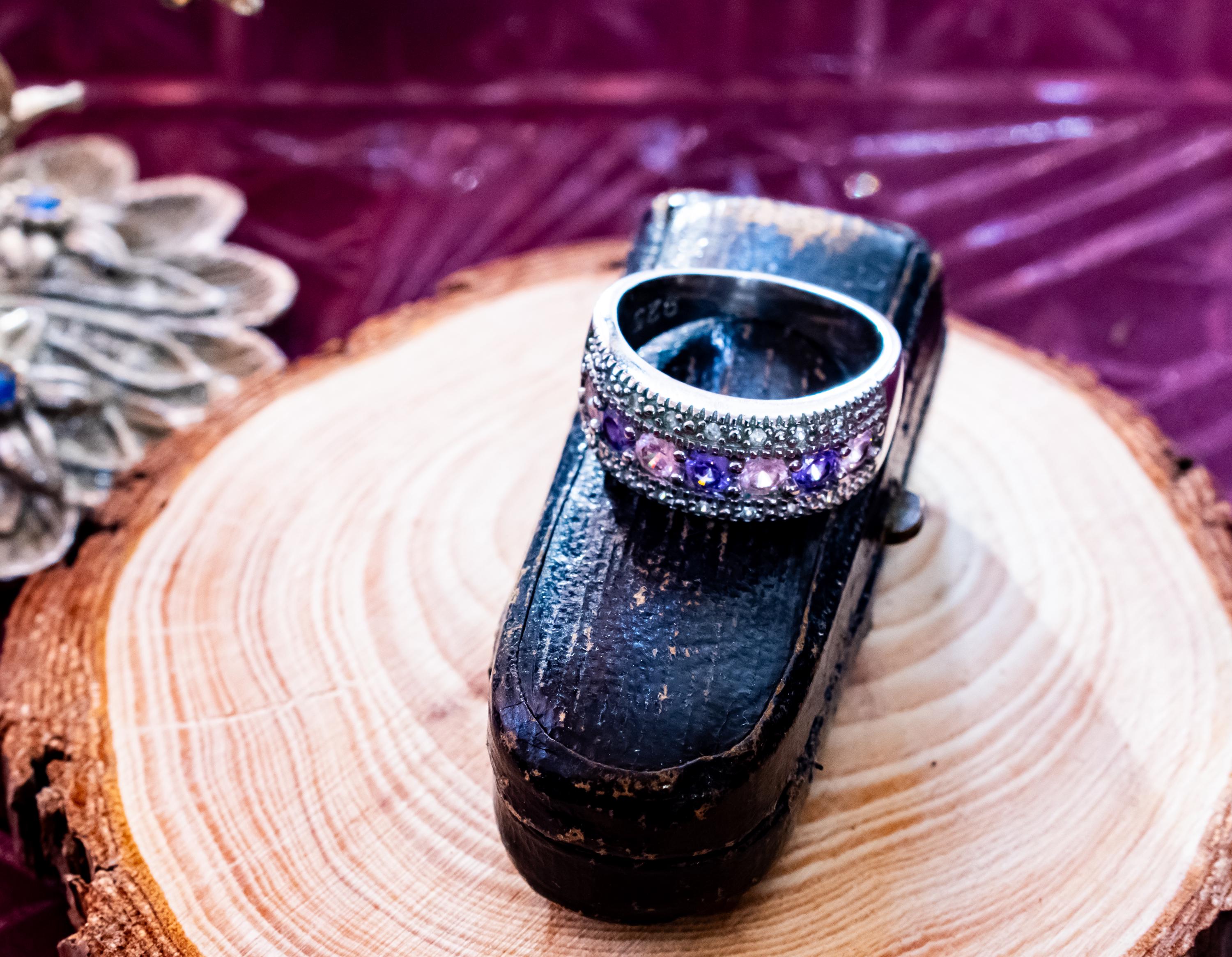 Vintage 925 Sterling Silver Pink & Purple Sapphire Band Ring. Wide Art Deco Statement Ring.