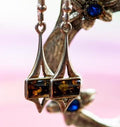 Cognac Baltic Amber Geometric Sterling Silver Drop Earrings, Art Deco Dangles.