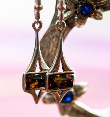 Cognac Baltic Amber Geometric Sterling Silver Drop Earrings, Art Deco Dangles.
