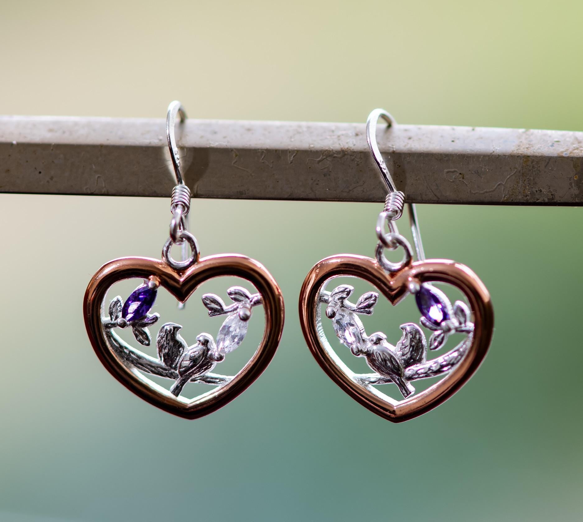 Two-Tone Rose Gold & Sterling Silver Bird Heart Drop Earrings Purple. Purple amethyst accents.