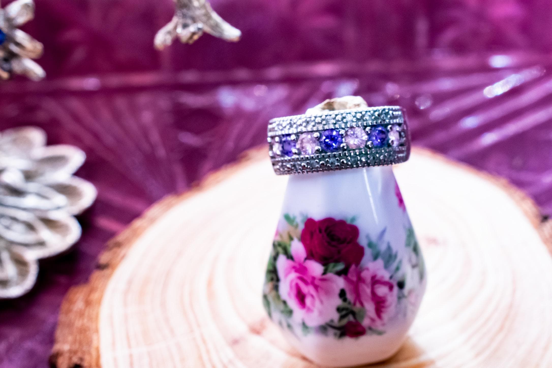 Vintage 925 Sterling Silver Pink & Purple Sapphire Band Ring. Wide Art Deco Statement Ring.