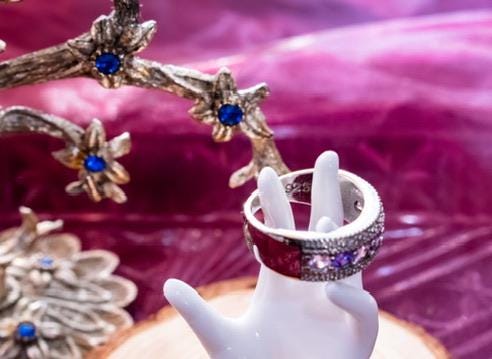 Vintage 925 Sterling Silver Pink & Purple Sapphire Band Ring. Wide Art Deco Statement Ring.